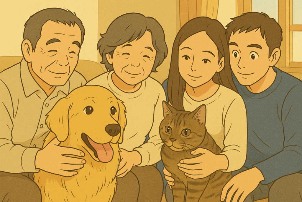 シニアの犬猫を囲む家族のイラスト