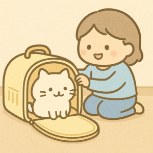 キャリーバックに入る練習をしている猫と飼い主
