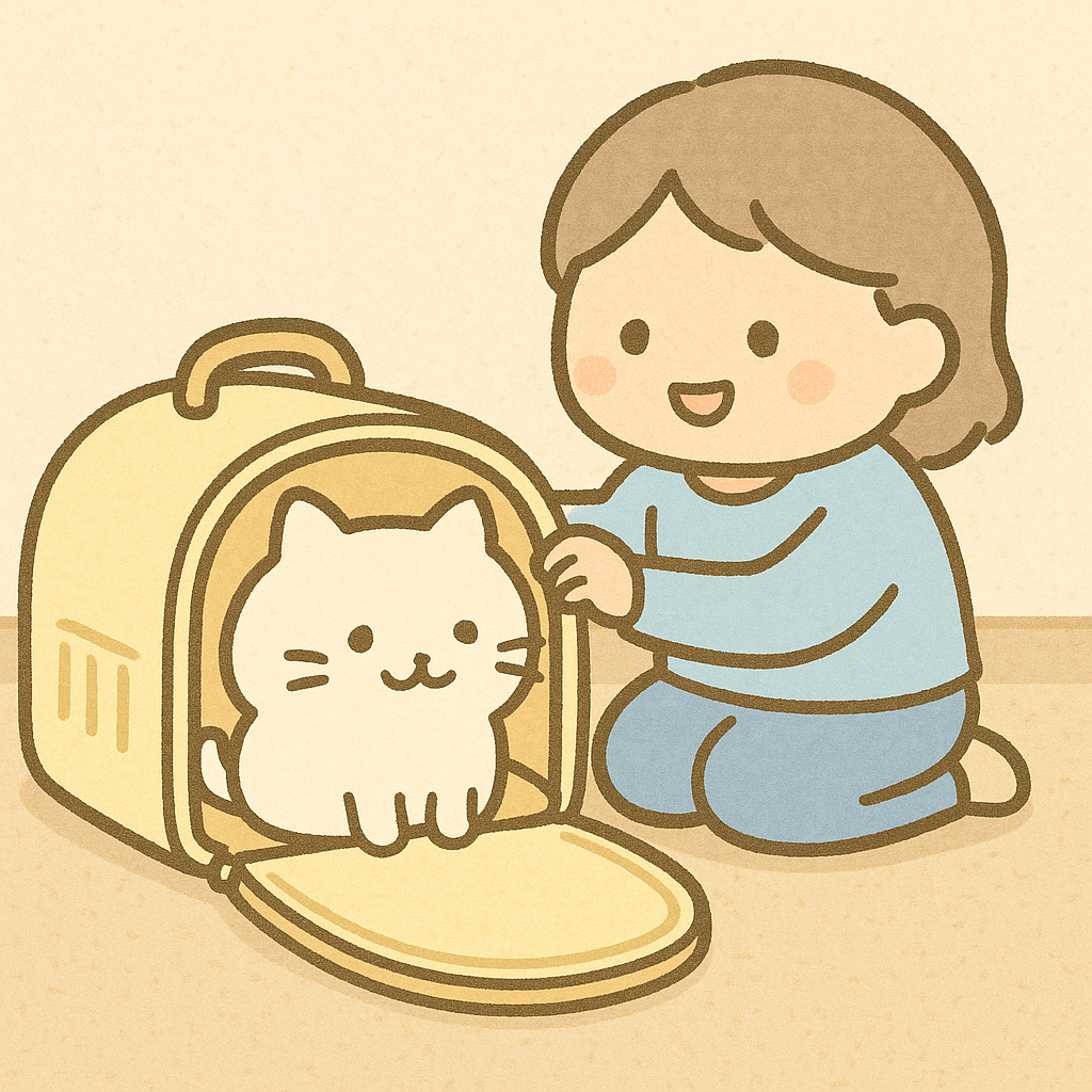 キャリーバックに入る練習をしている猫と飼い主